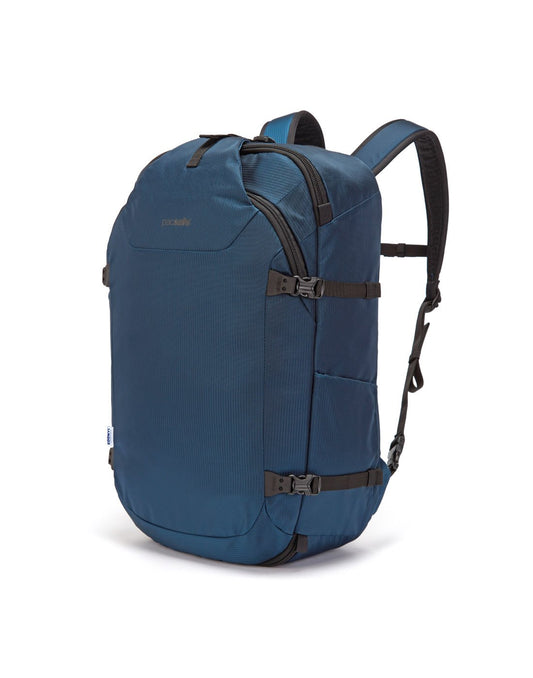 Product Image – Pacsafe venturesafe EXP45 ECONYL ocean colour recycled travel pack corner view