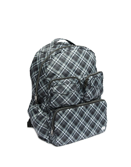 Product Image – Lug puddle plaid grey colour packable backpack corner view