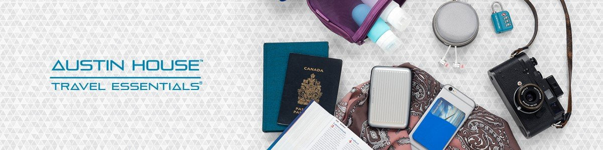 image of Canadian passport, cell phone, camera and travel accessories along with Austin House logo and the copy 'travel essentials' under the logo