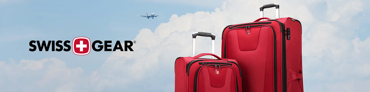 Swiss Gear logo with 2 pieces of red luggage and a background of a sky with a plane flying