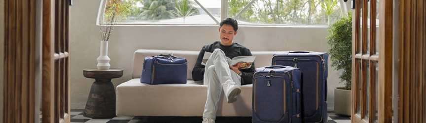 image of person on couch with luggage,  Travelpro logo and copy: The choice of flight crews and frequent travelers '