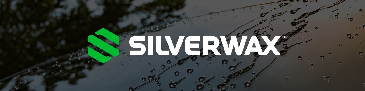 Silverwax logo on a car surface with water beads 