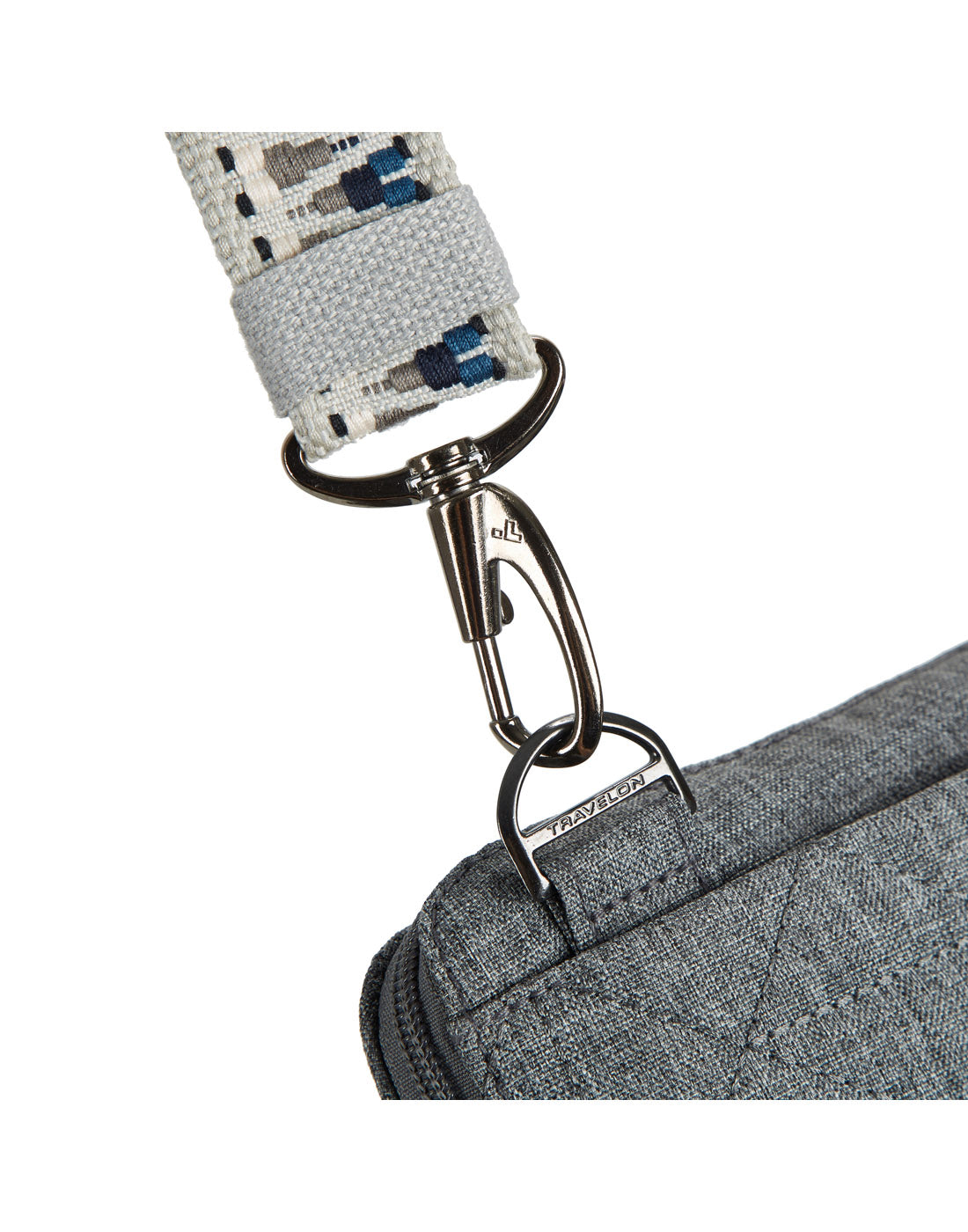 Close-up view of the Travelon Boho Anti-Theft Slim Crossbody's Anti-Theft security system for the shoulder strap.