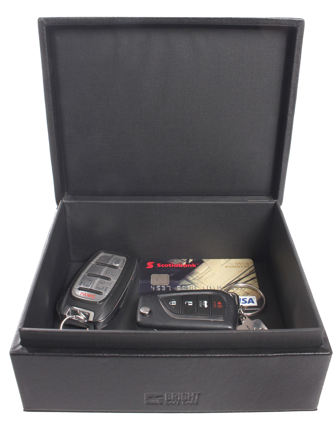 Bright Safe Care Faraday Security Box, open front view with two key fobs and a credit card inside