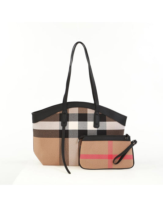 Product Image – Alina's 2pc Rounded Handbag in white, black, tan and red chunky plaid with black faux leather rounded edging on top and matching double strap. Beside it is a small matching zippered pouch.