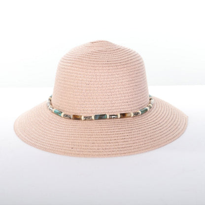 Alina's Beaded Paper Straw Hat in pink, front view.