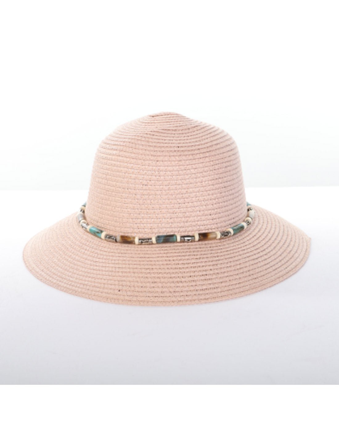 Alina's Beaded Paper Straw Hat in pink, front view.