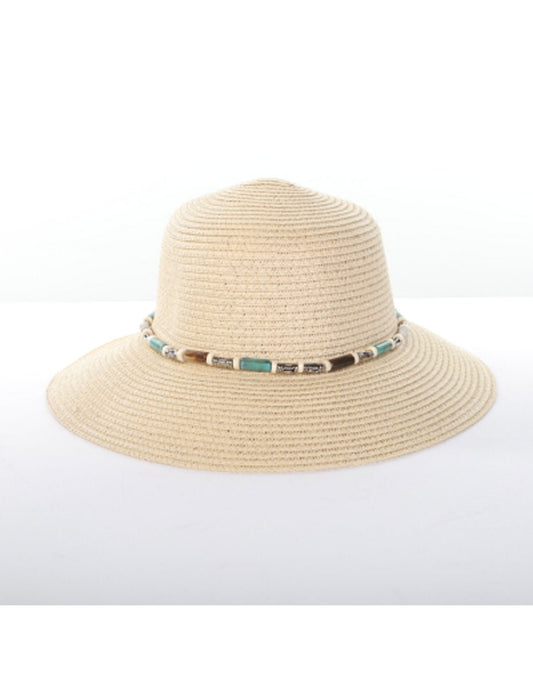 Product Image – Alina's Beaded Paper Straw Hat in beige, front view.