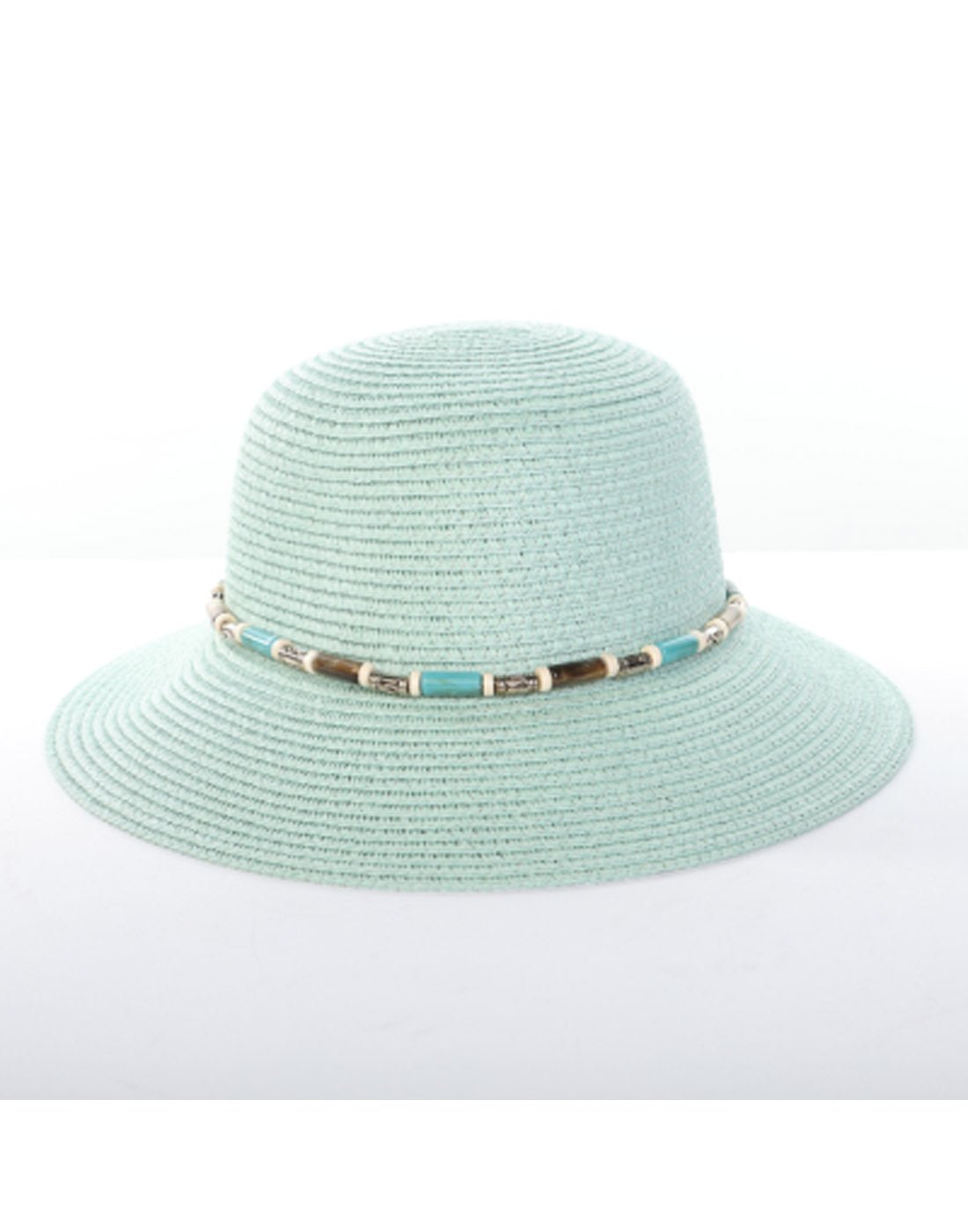 Alina's Beaded Paper Straw Hat in mint, front view.