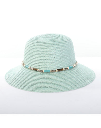 Alina's Beaded Paper Straw Hat in mint, front view.