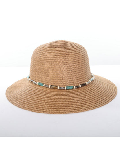 Alina's Beaded Paper Straw Hat in tan, front view.