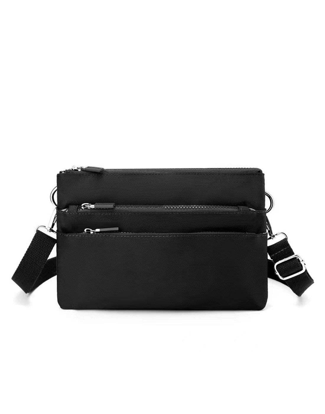 Alina's Triple Compartment RFID Crossbody in black, front view.