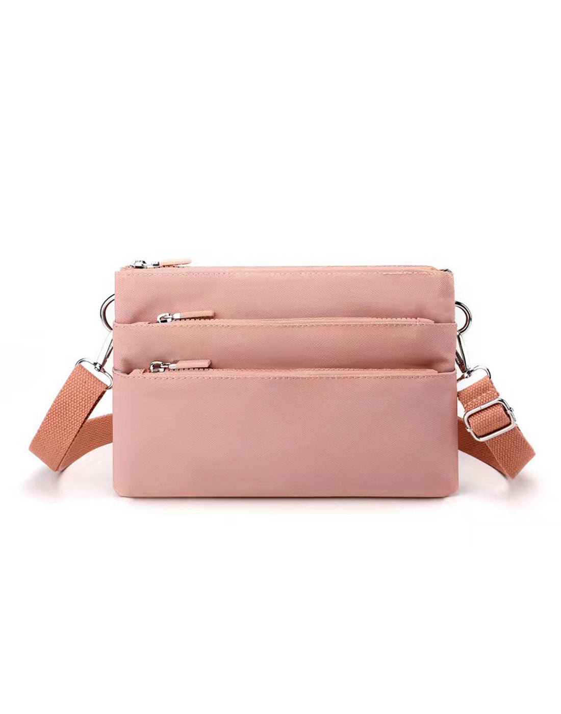 Alina's Triple Compartment RFID Crossbody in salmon, front view.