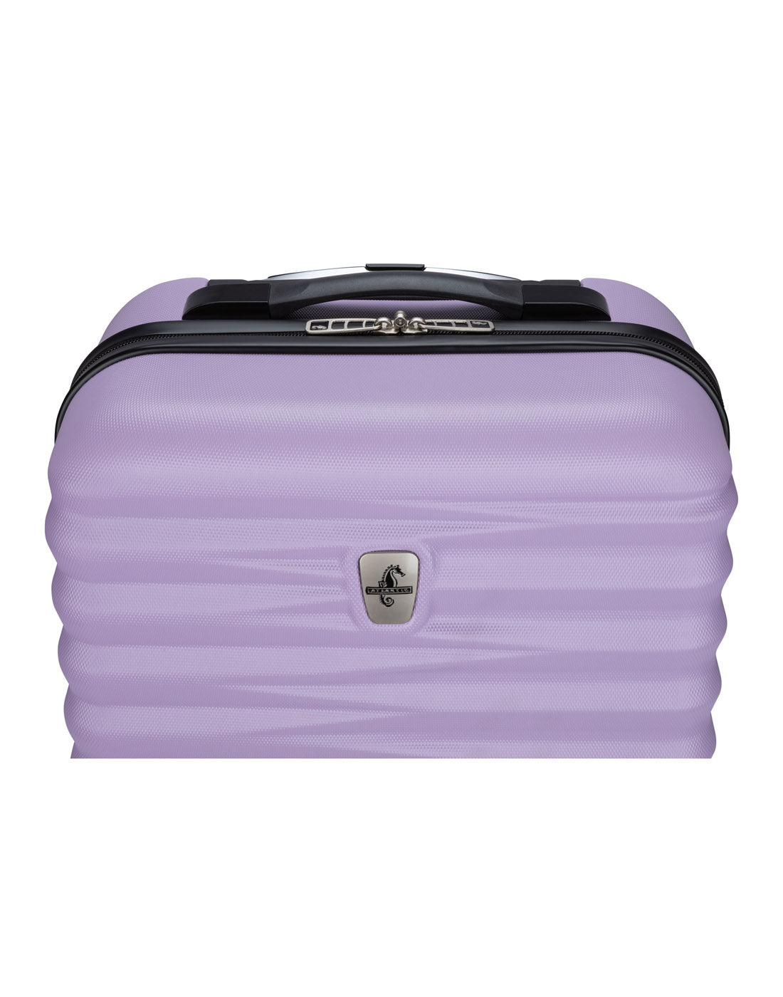 Close up of front top with black grab handle and zipper on Atlantic Chaser Hardside 19" Spinner Carry-on in powder lilac