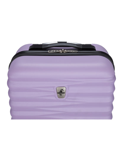 Close up of front top with black grab handle and zipper on Atlantic Chaser Hardside 19" Spinner Carry-on in powder lilac