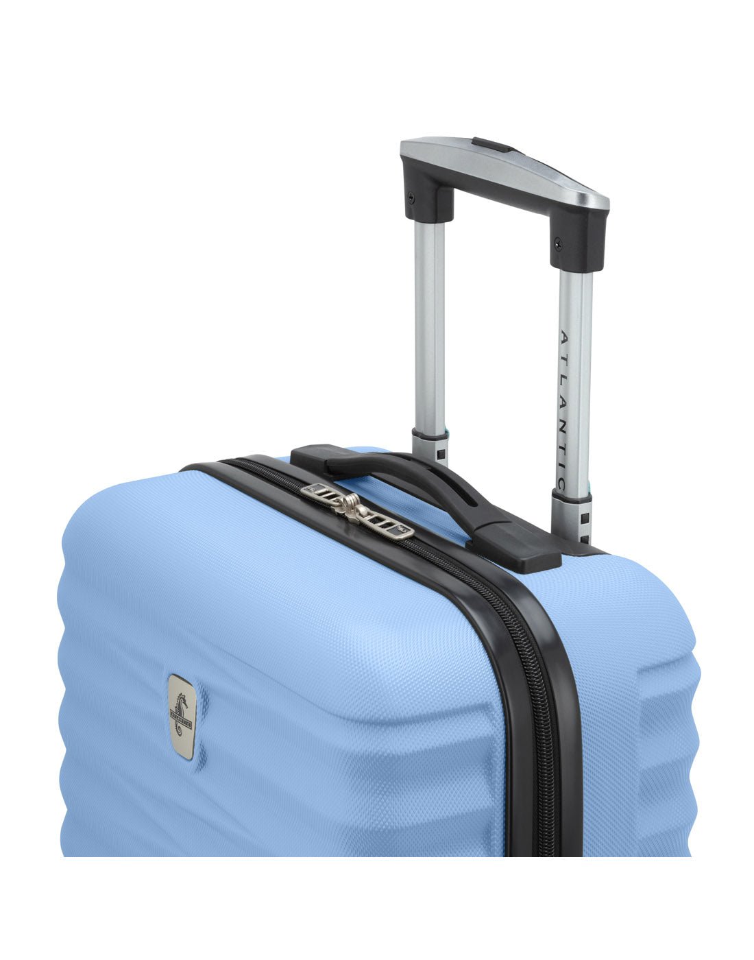 Atlantic Chaser Hardside 19" Spinner Carry-on in powder blue colour, top front angled view with black and silver telescopic handle extended