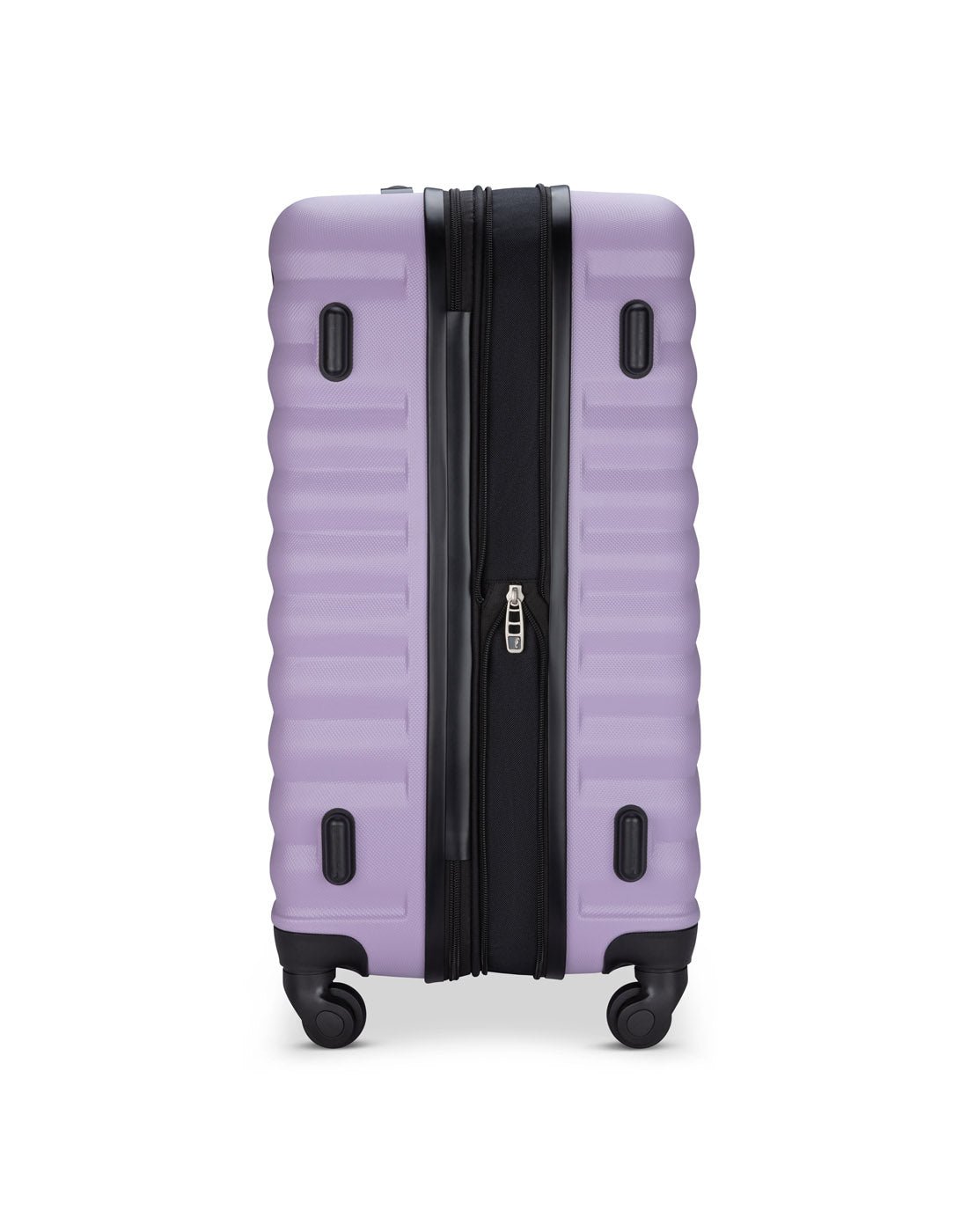 Side view of Atlantic Chaser Hardside 24" Expandable Spinner in powder lilac showing zipper expanded and feet on side of case