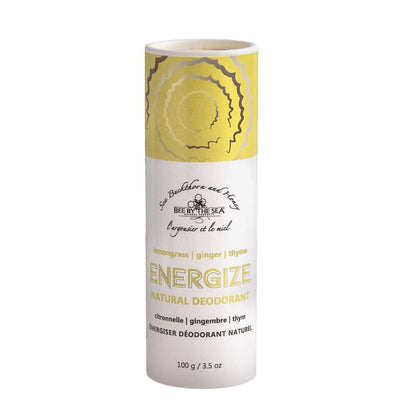 Bee by the Sea Natural Eco Deodorant, front view, Energize scent with yellow top paper tube