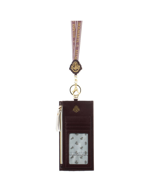 Product Image – Harry Potter Lanyard with Tech Pouch, vertical view, maroon colour with white and gold zipper and lanyard clasp and gold foil Hogwarts logo