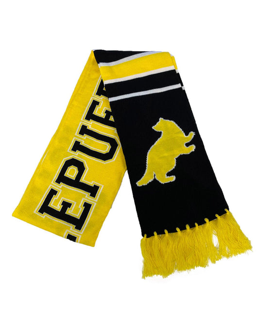 Product Image – Black and yellow Hufflepuff team scarf with yellow tassels and badger symbol