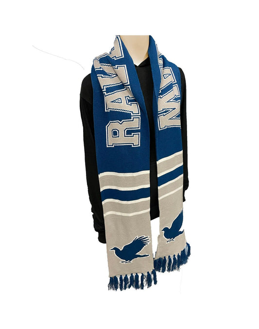 Product Image – Blue and grey Ravenclaw team scarf with blue tassels and eagle symbol; hanging on manequin