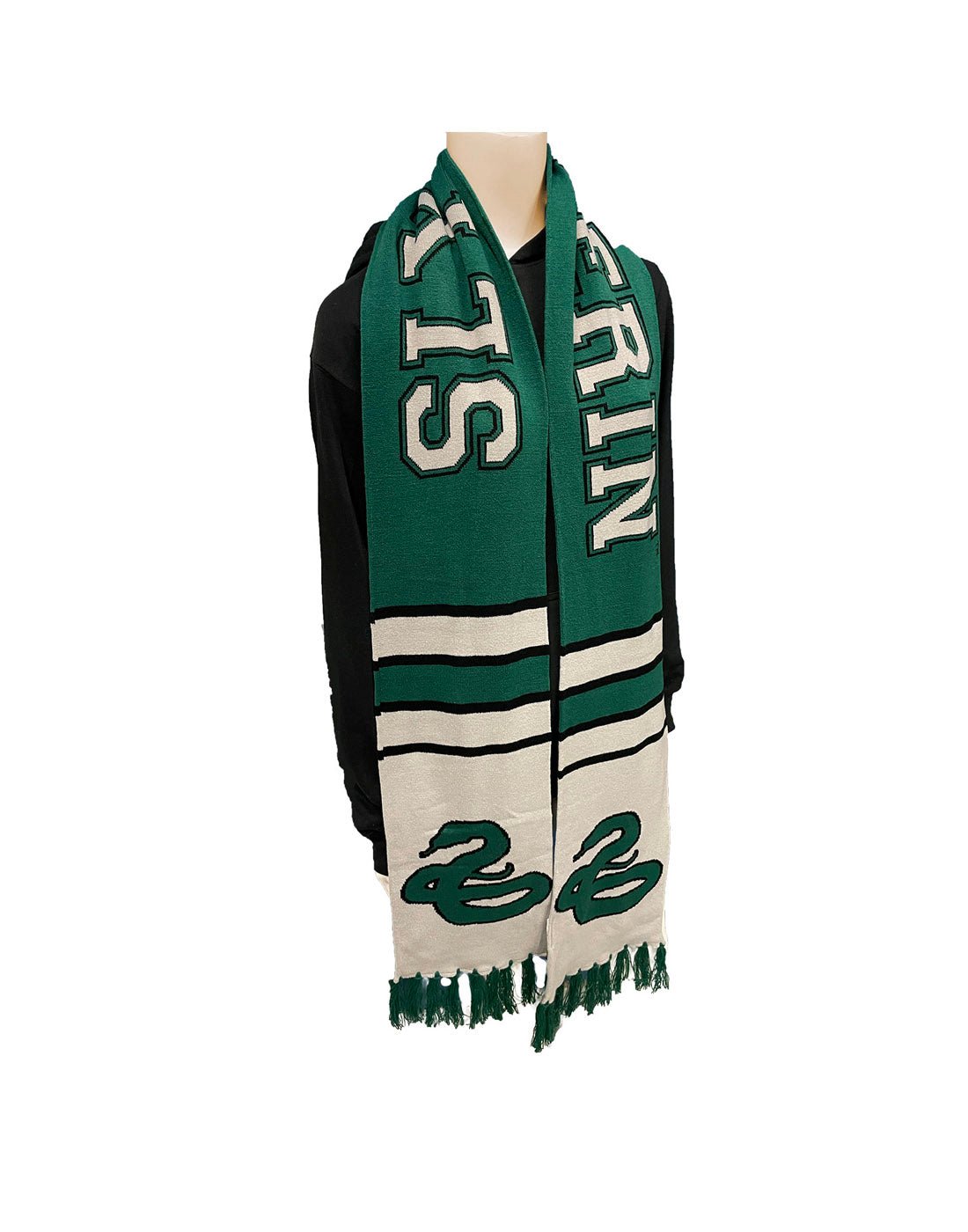 Green and white Slytherin team scarf with green tassels and snake symbol; hanging on manequin