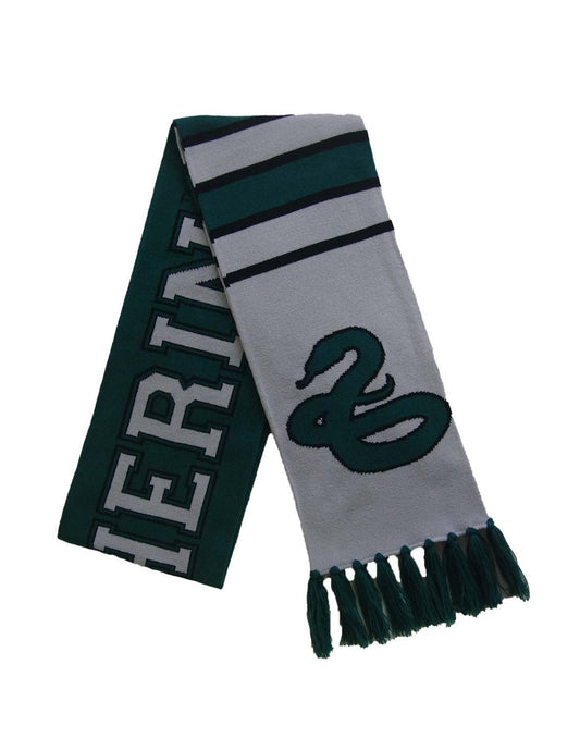 Product Image – Green and white Slytherin team scarf with green tassels and snake symbol