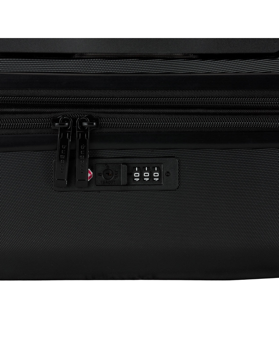 Bugatti Munich Hardside 24" Expandable Spinner in black, close-up view of the integrated TSA zipper lock.