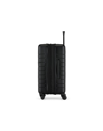 Bugatti Munich Hardside 24" Expandable Spinner in black, expanded side view.