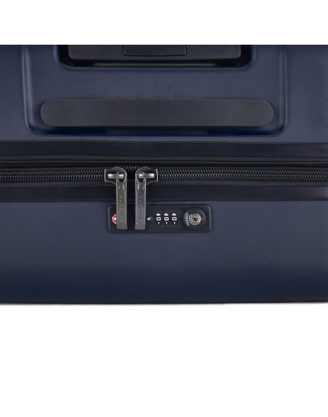 Bugatti Wellington Hardside 24" Expandable Spinner in Navy, close-up view of TSA combination lock.