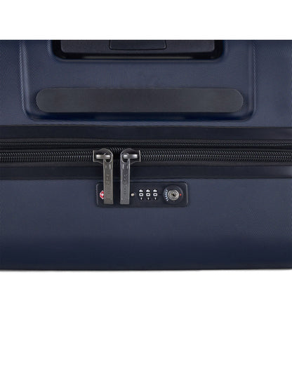 Bugatti Wellington Hardside 24" Expandable Spinner in Navy, close-up view of TSA combination lock.