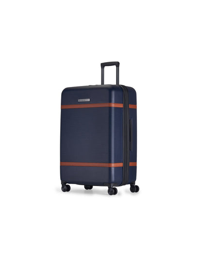 Bugatti Wellington Hardside 28" Expandable Spinner in Navy, angled side view.