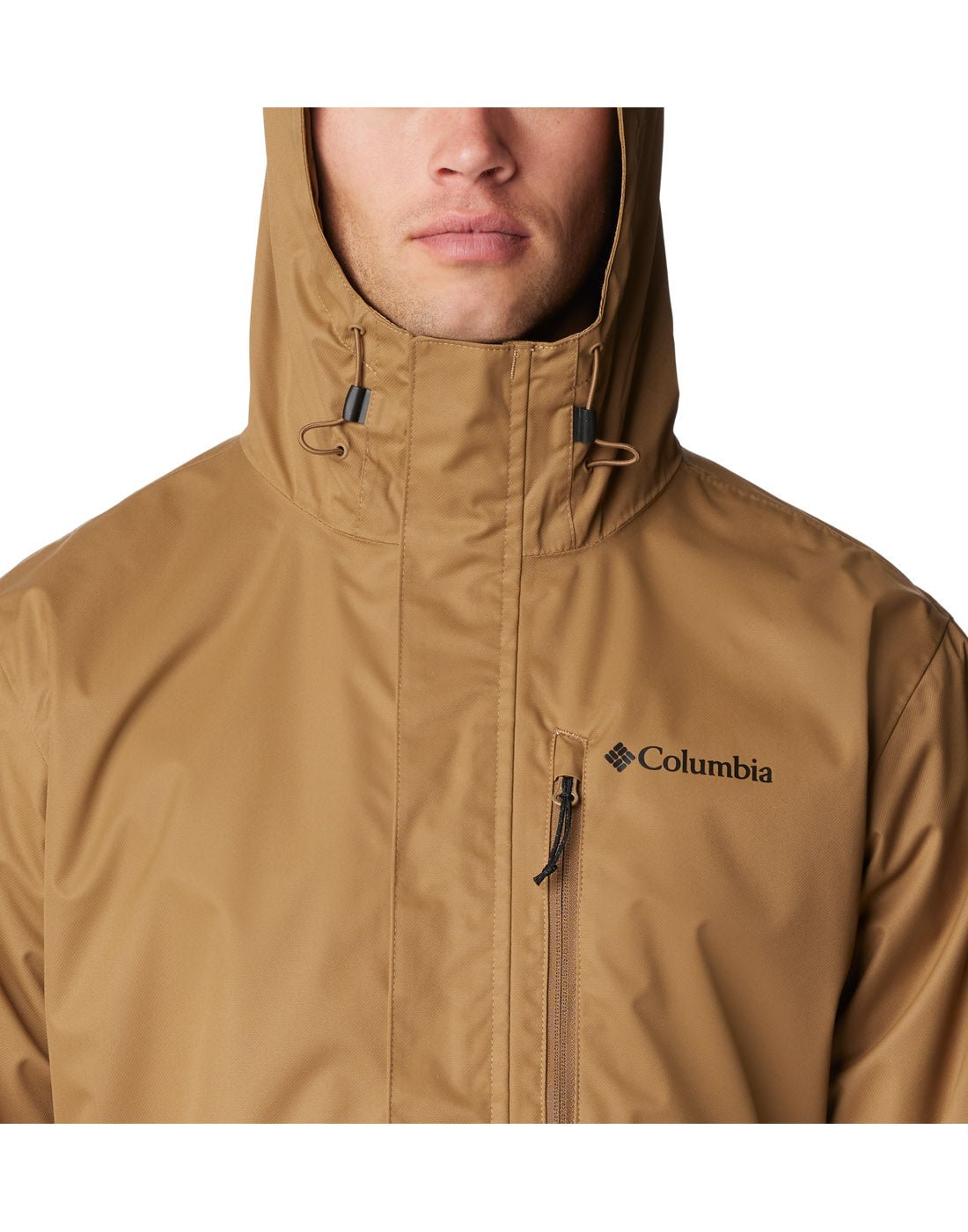 Upper torso view of a man wearing Columbia Men's Hikebound™ Rain Jacket in Delta black, fully zipped up.