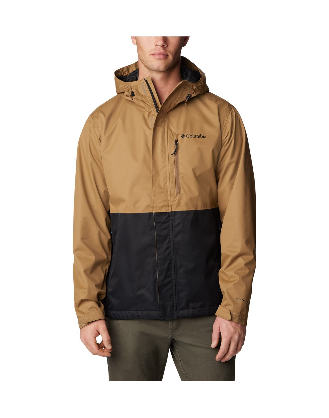 Front view of a man wearing Columbia Men's Hikebound™ Rain Jacket in Delta black, zipped up. 