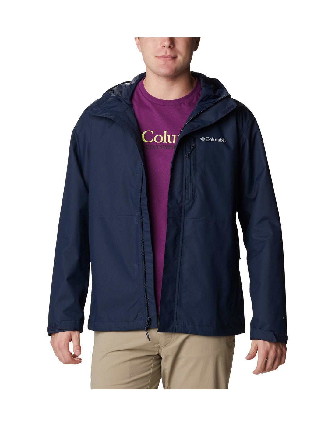 Front view of a man wearing Columbia Men's Hikebound™ Rain Jacket in collegiate navy.