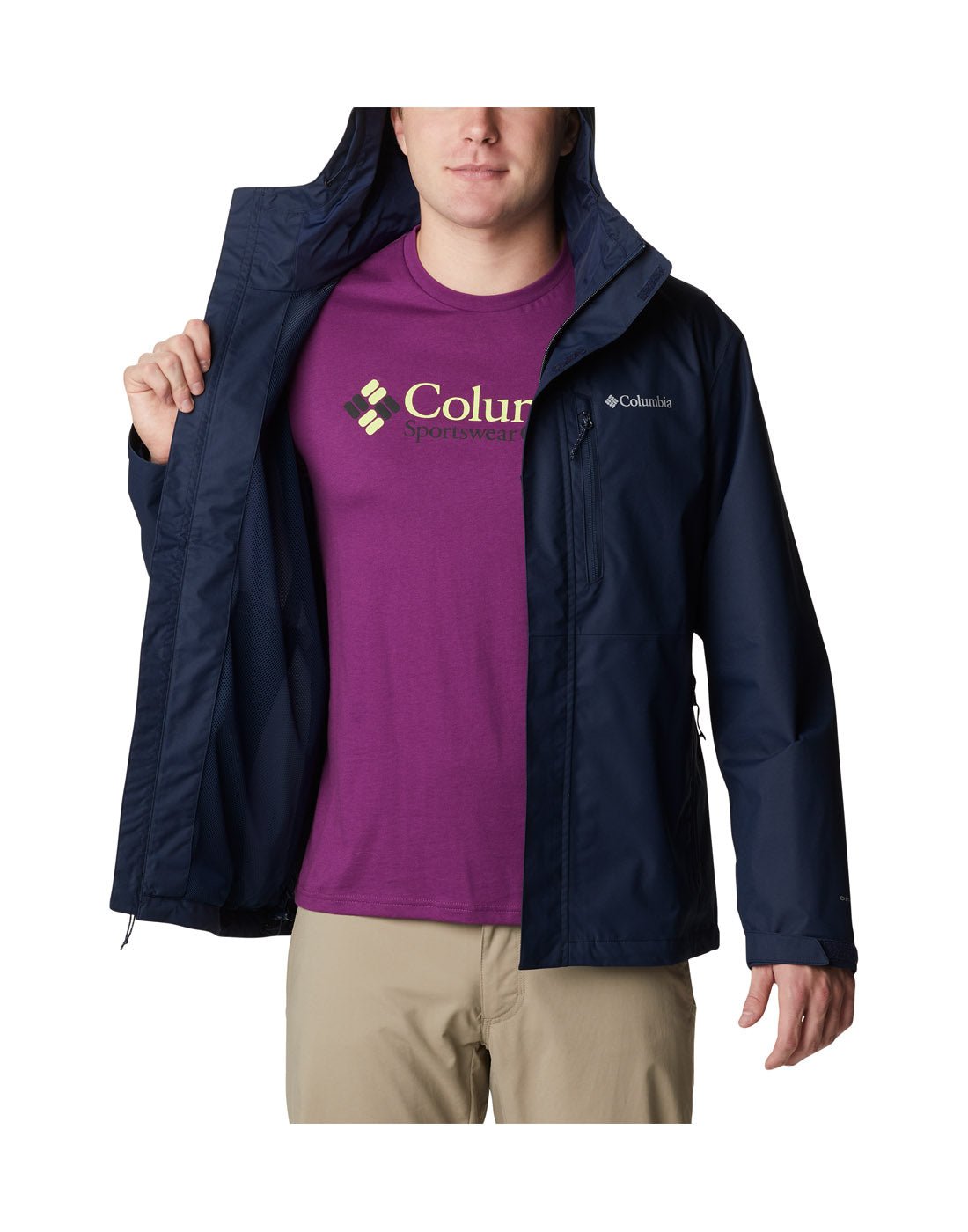 Front view of a man wearing Columbia Men's Hikebound™ Rain Jacket in collegiate navy. Unzipped with hood up. Right front panel opened to show interior mesh lining.