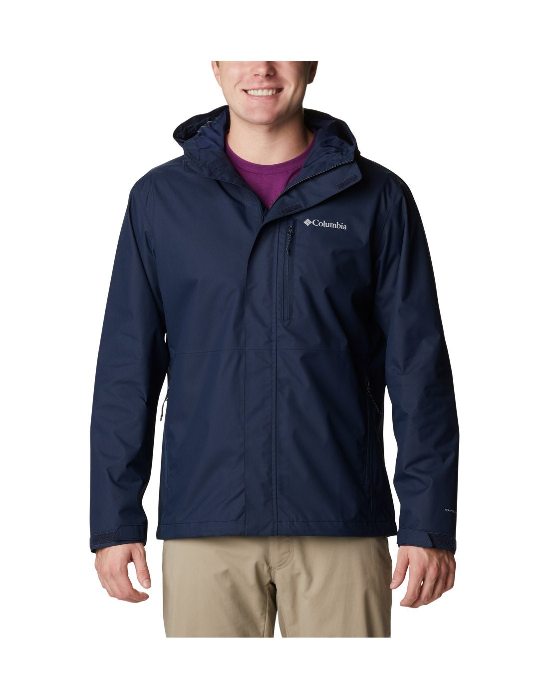 Front view of a man wearing Columbia Men's Hikebound™ Rain Jacket in Collegiate Navy partial zipped up.