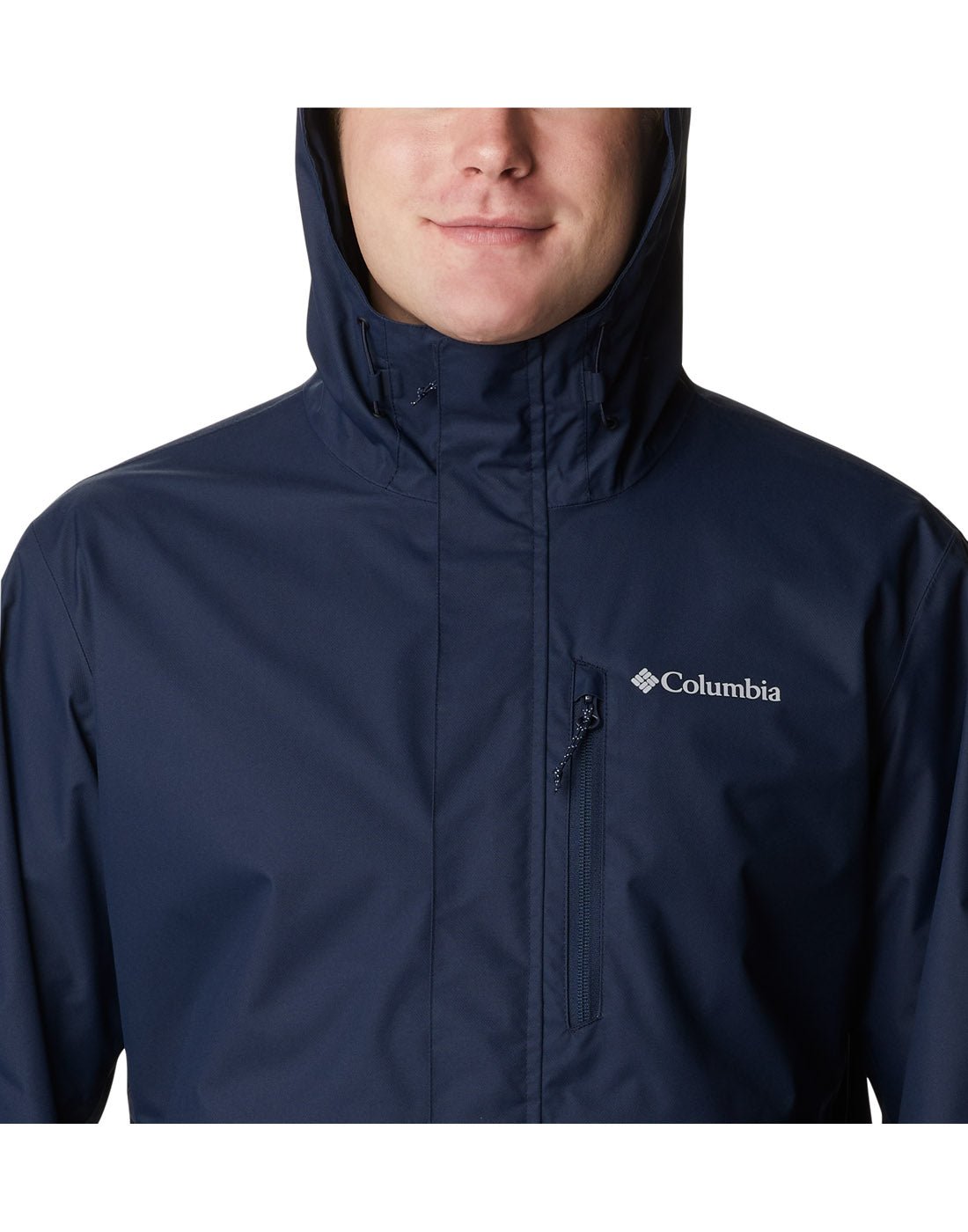 Close up front view of a man wearing Columbia Men's Hikebound™ Rain Jacket in collegiate navy hood up and fully zipped up to chin