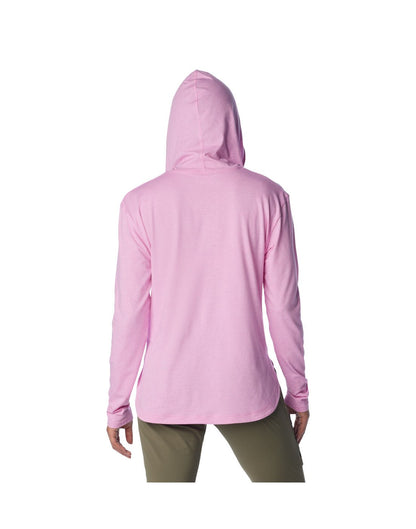 Back view of a woman wearing Columbia Women's Sun Trek™ Hooded Pullover in cosmos heather colour with hood up.