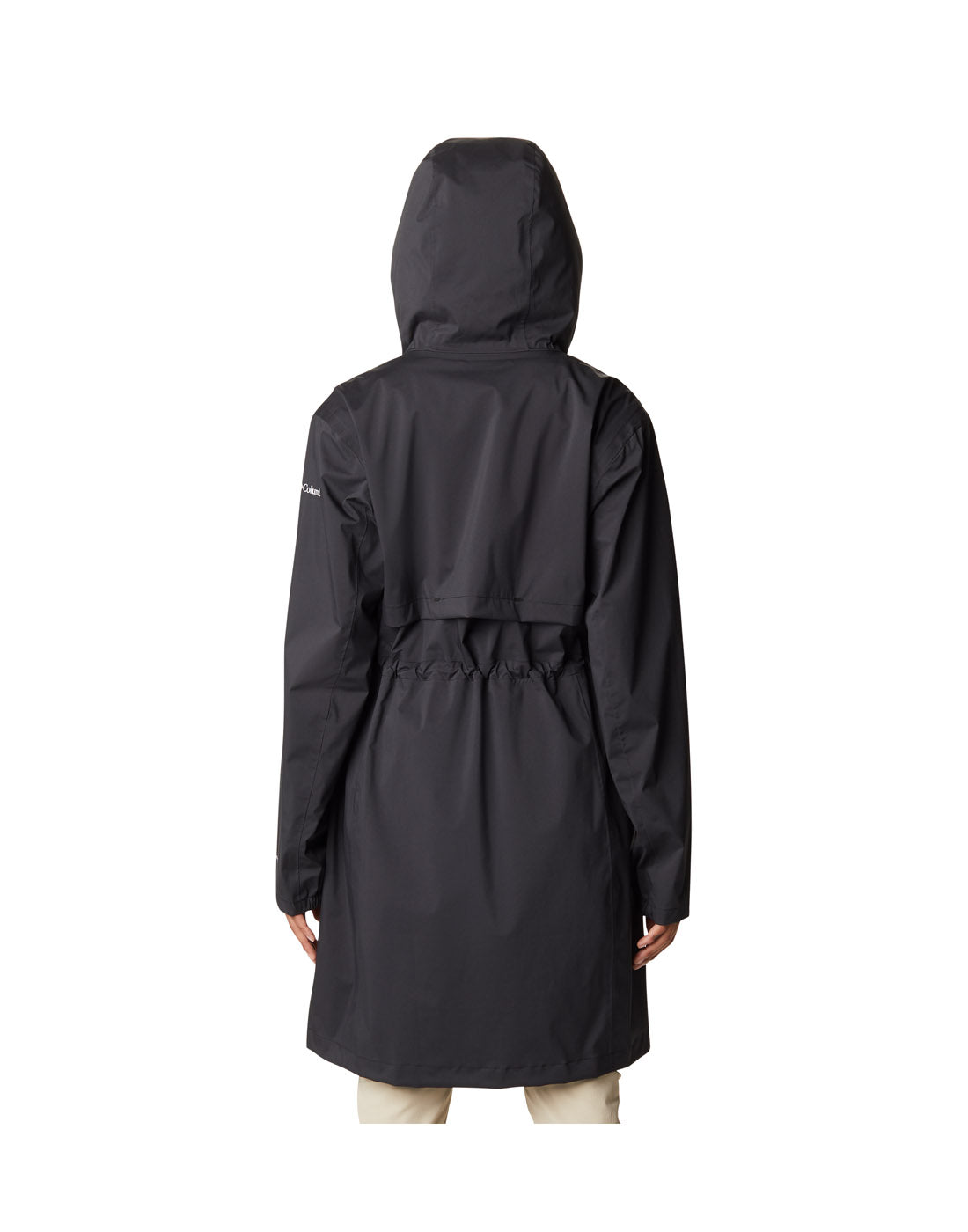 Woman wearing Columbia Women's Weekend Adventure™ Long Shell Jacket in black, hood up, back view