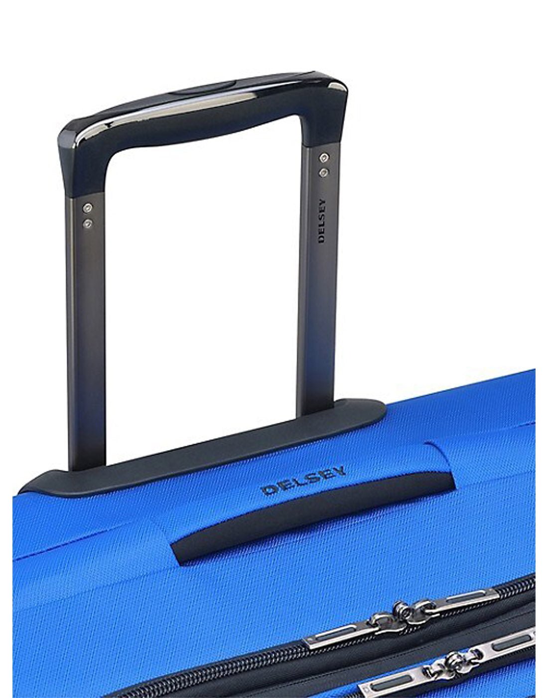 Close up of telescopic handle extended on blue Delsey Optima luggage