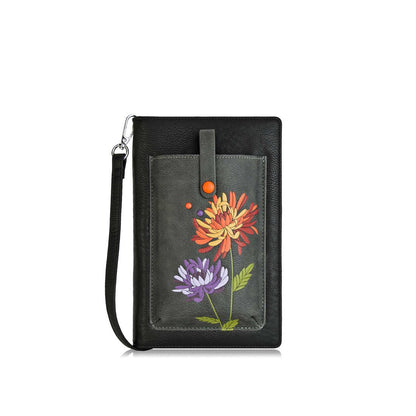 Espe Glee iSmart Pocket in black, with dark grey front pocket with embroidered orange and purple flowers and thin button flap, front view