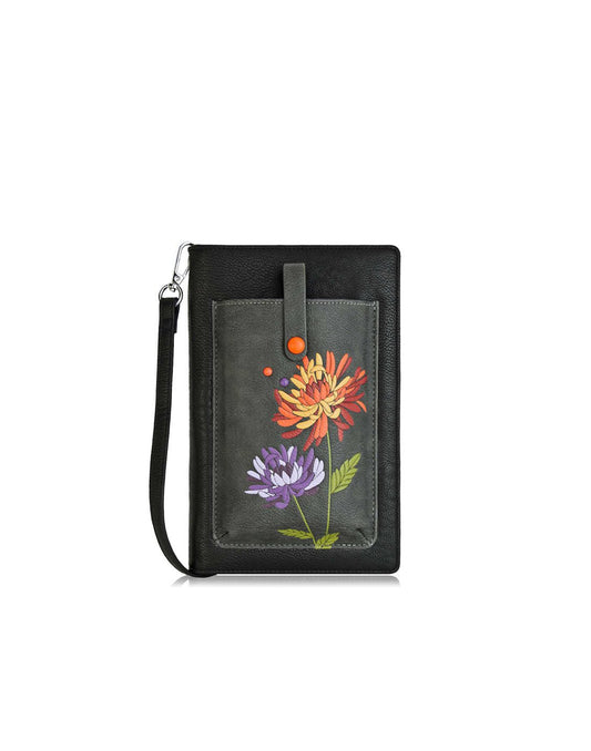 Product Image – Espe Glee iSmart Pocket in black, with dark grey front pocket with embroidered orange and purple flowers and thin button flap, front view