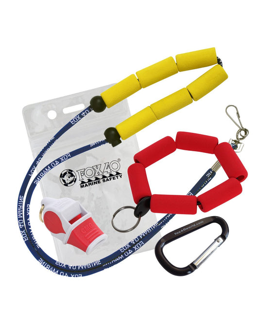 Product Image – Image of items included with the  Fox 40® Float Kit.  •    Floating neck lanyard •    Waterproof card pouch •    Floating wrist lanyard •    Carabiner clip •    Fox 40® Sonik Blast CMG Pealess Whistle (120 dB)