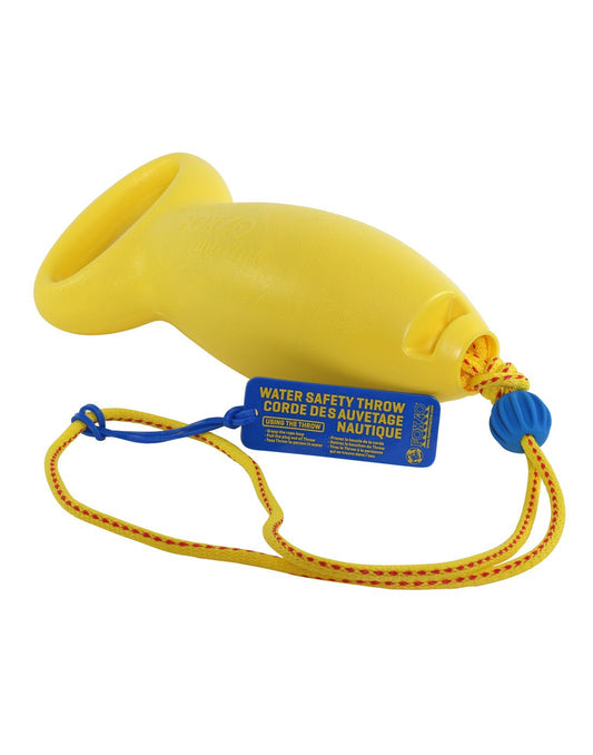 Product Image – Image of the unpackaged Fox 40® Water Safety Throw including the aerodynamic shell, with integrated handle, and the attached 50 ft (15 m) premium polypropylene woven floating rope.