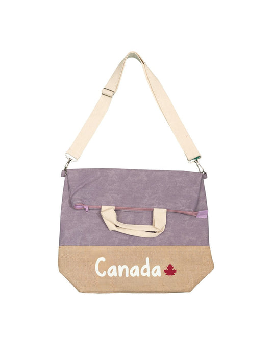 Product Image – North & Oak Canada Jute Bag, purple top and natural jute bottom with Canada print and natural strap