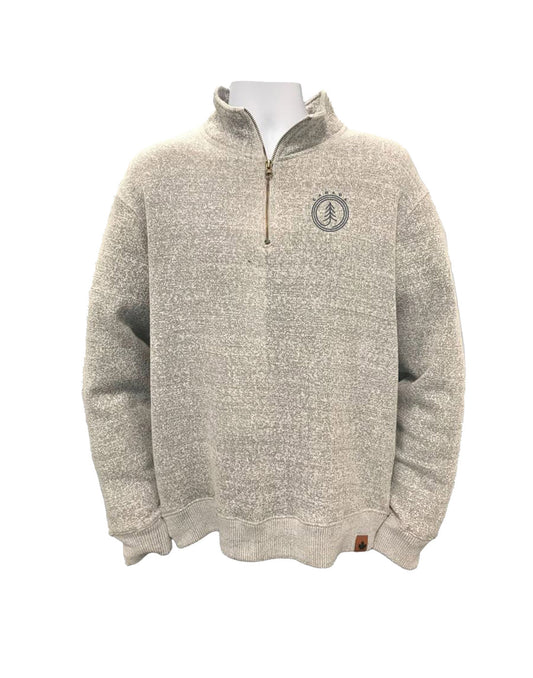 Product Image – North & Oak Nantucket Fleece 1/4 Zip, front view, in salt and pepper colour with circle decal on left chest