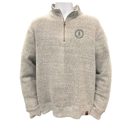 North & Oak Nantucket Fleece 1/4 Zip, front view, in salt and pepper colour with circle decal on left chest