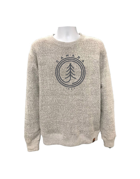 Product Image – North & Oak Nantucket Fleece Crew in salt and pepper light grey colour with Canada written above circle image with tree inside