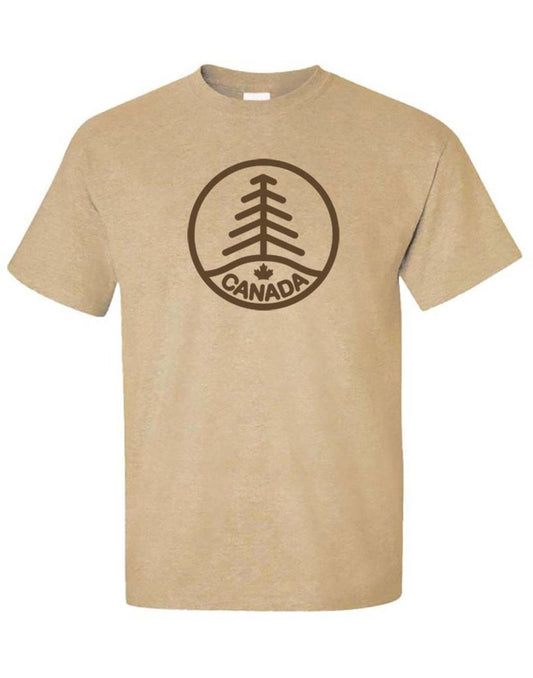 Product Image – North & Oak Unisex T-shirt in light tobacco brown colour, with dark brown circle with tree design and canada written in circle